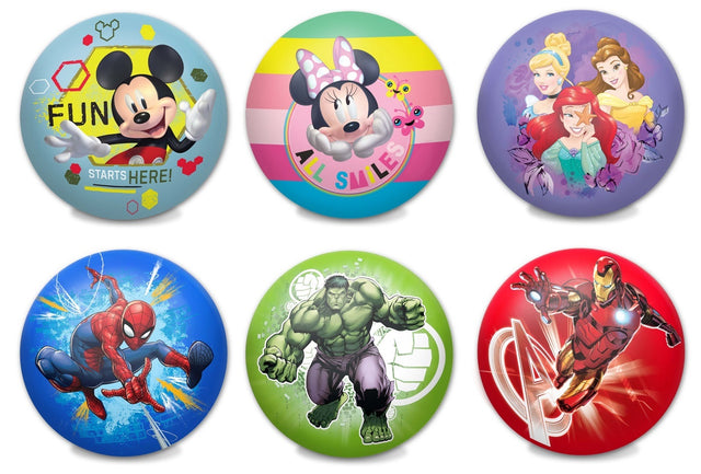 Disney and Marvel themed squeeze balls. One has Mickey Mouse on it and it reads "Fun starts here!" One has Minnie Mouse and reads "All smiles." One has Cinderella Ariel and Belle; three Disney princesses. One has Spiderman. One has The Hulk. One has Iron Man.