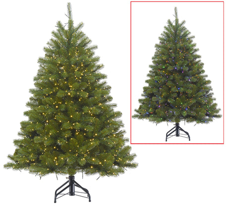Artificial tree pre-lit with dual lights. Lights change from warm white to multi-colored.