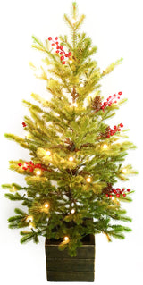 Artificial tree pre-lit with Starry lights. Tree is decorated with red berries and is in a pot.