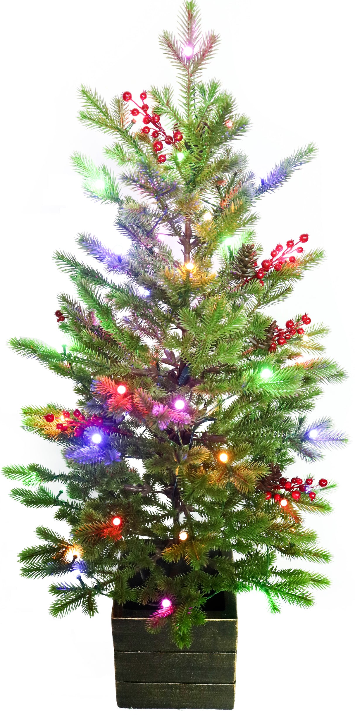 Artificial tree pre-lit with Starry lights. Tree is decorated with red berries and is in a pot.
