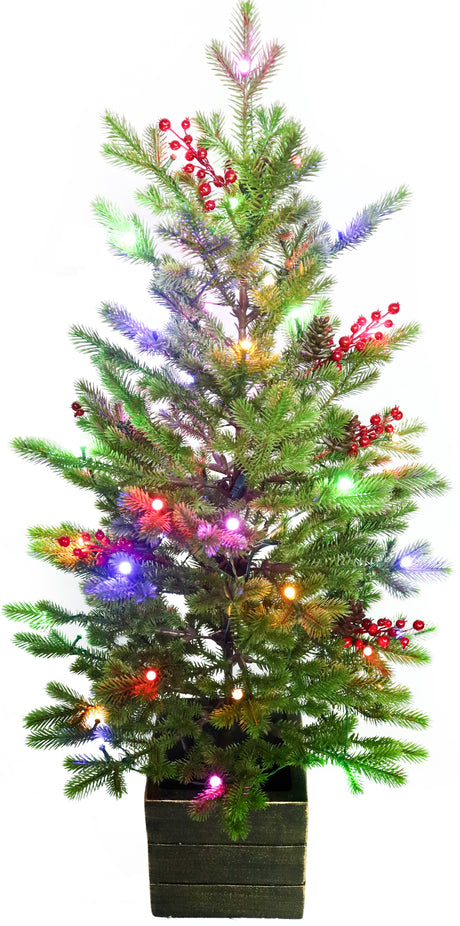 Artificial tree pre-lit with Starry lights. Tree is decorated with red berries and is in a pot.