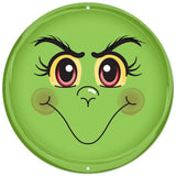 Round decoration designed to look like Grinch's green face.