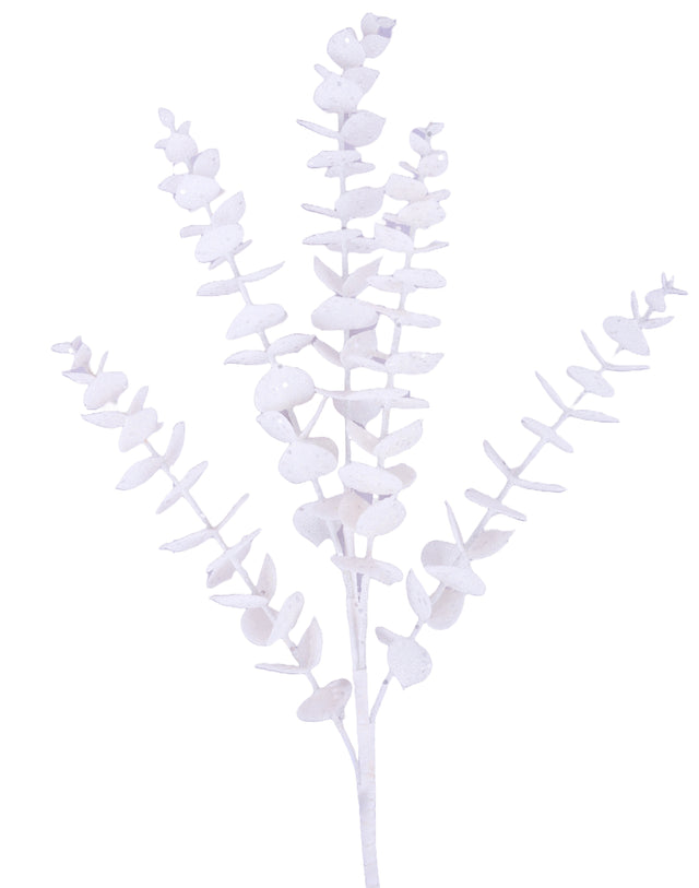 Pick spray designed to look like a eucalyptus stem with leaves. It's decorated with white glitter.