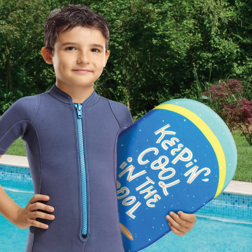 Swim board for kids. One is pink, yellow and teal and reads "Don't worry beach happy." The other one is blue, yellow and teal and reads "Keepin' cool in the pool."