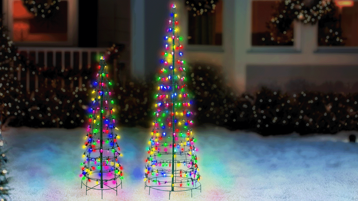 Set of 2 Wire Cone Trees with Multi-Colored Twinkling LED Lights