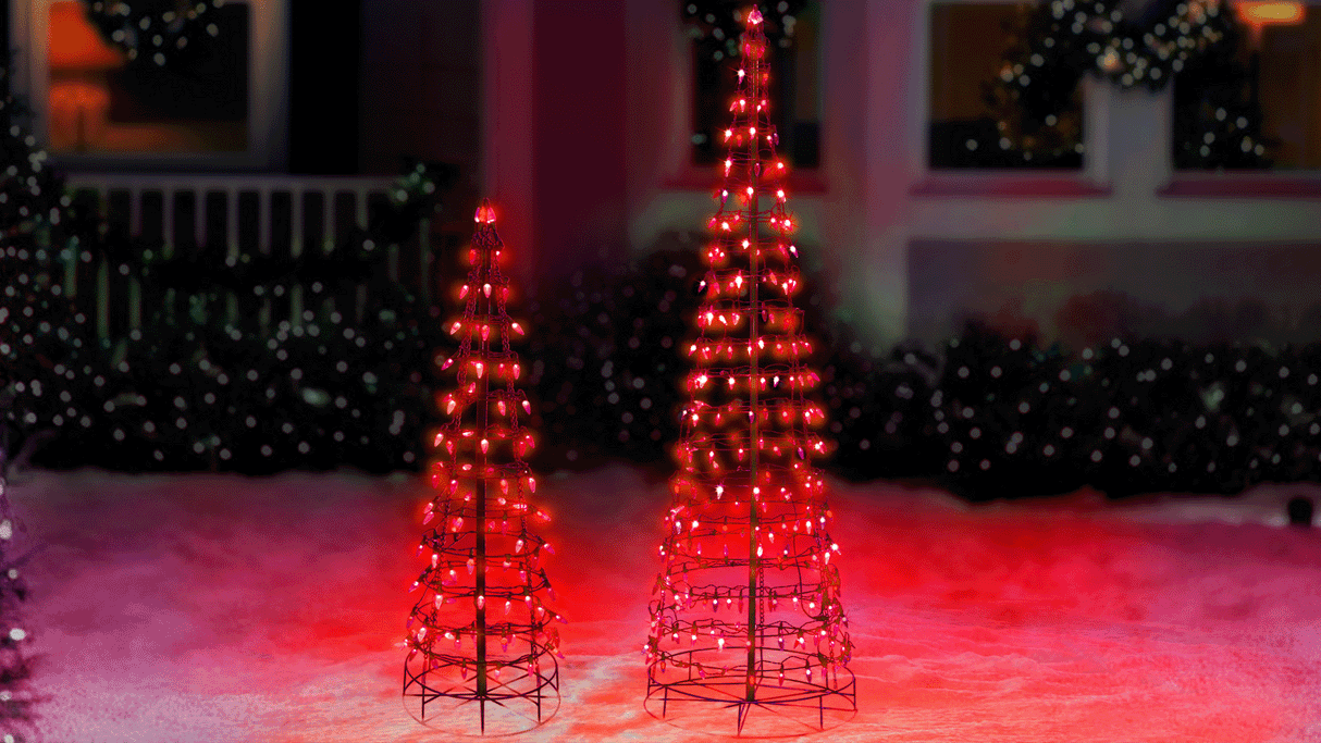 Set of 2 Wire Cone Trees with Red Twinkling LED Lights