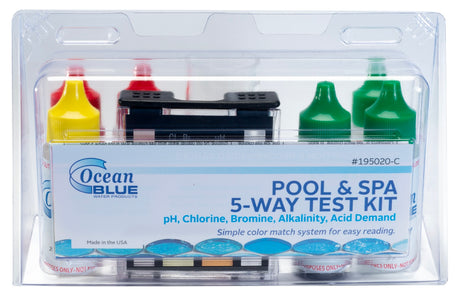 Pool and spa 5-way test kit. Measure pH, chlorine, bromine, alkalinity and acid demand.