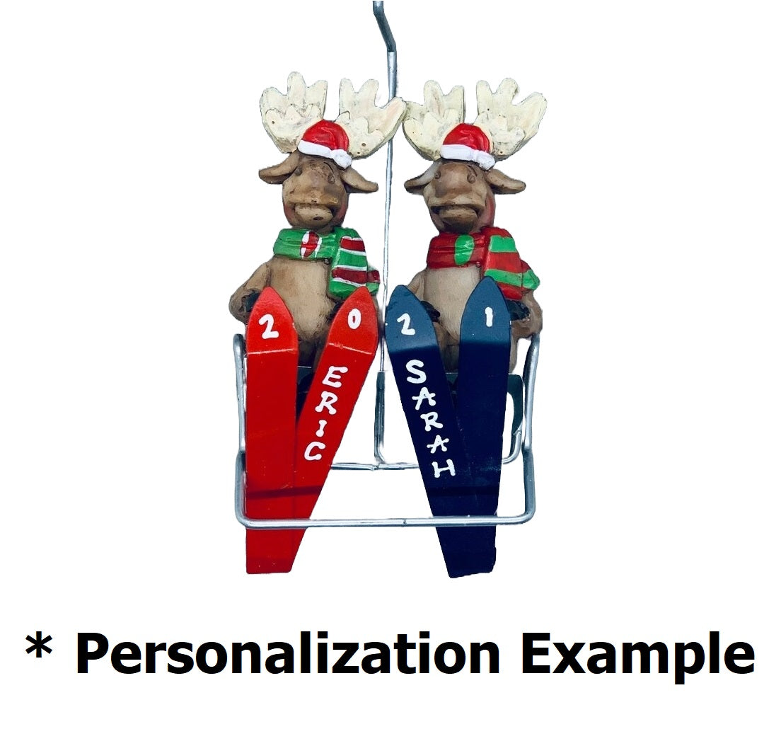 5.12" Moose Family of 2 on Ski Lift Ornament for Personalization