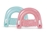 This image shows off two different Sit n Float Pool Loungers on a white background. One is blue and one is pink.