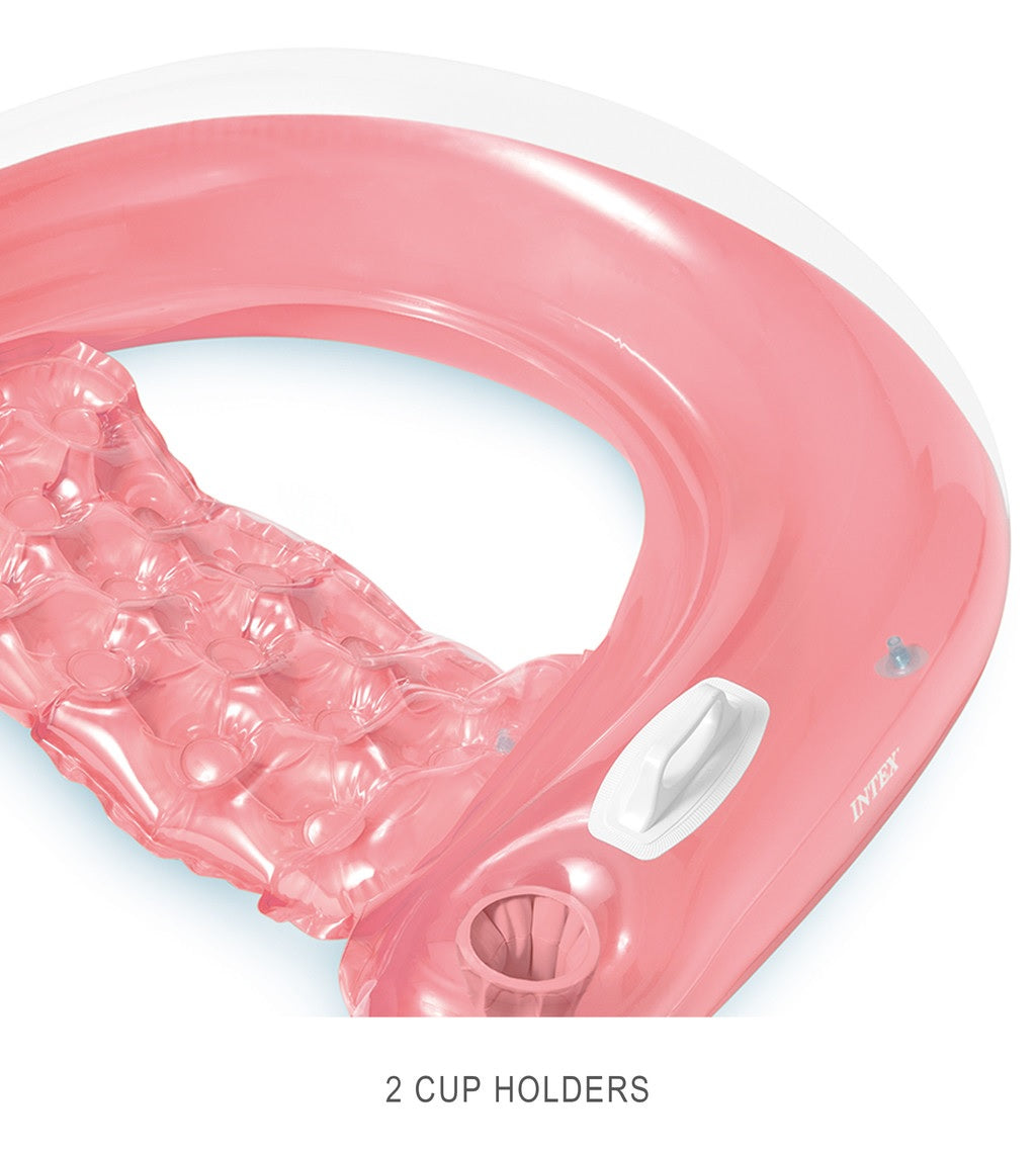 This is an up close image of the pool lounge chair. The top is transparent but the bottom is pink. There are two cup holders.