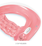 This is an up close image of the pool lounge chair. The top is transparent but the bottom is pink. There are two cup holders.