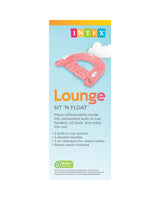 This is the side of the Intex packaging for this Sit n Float Lounge. It reads "Place refreshments inside the convenient built-in cup holders, sit back and enjoy the sun. It features 2 built-in cup holders, 2 durable handles and 2 air chambers for added safety. Repair patch is included."