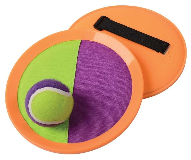 This image shows the Velcro paddles and the soft ball stuck to one of the paddles.