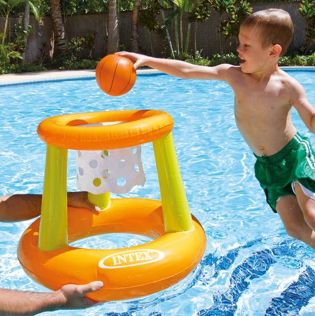 Yellow and orange floating basketball hoop.
