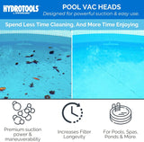This pool vacuum head was designed for powerful suction and easy use. Spend less time cleaning and more time enjoying. This vacuum has premium suction power and maneuverability, increases filter longevity and was designed for use in pools, spas, ponds and more. This image shows a dirty pool surface on the left and a clean pool surface on the right.