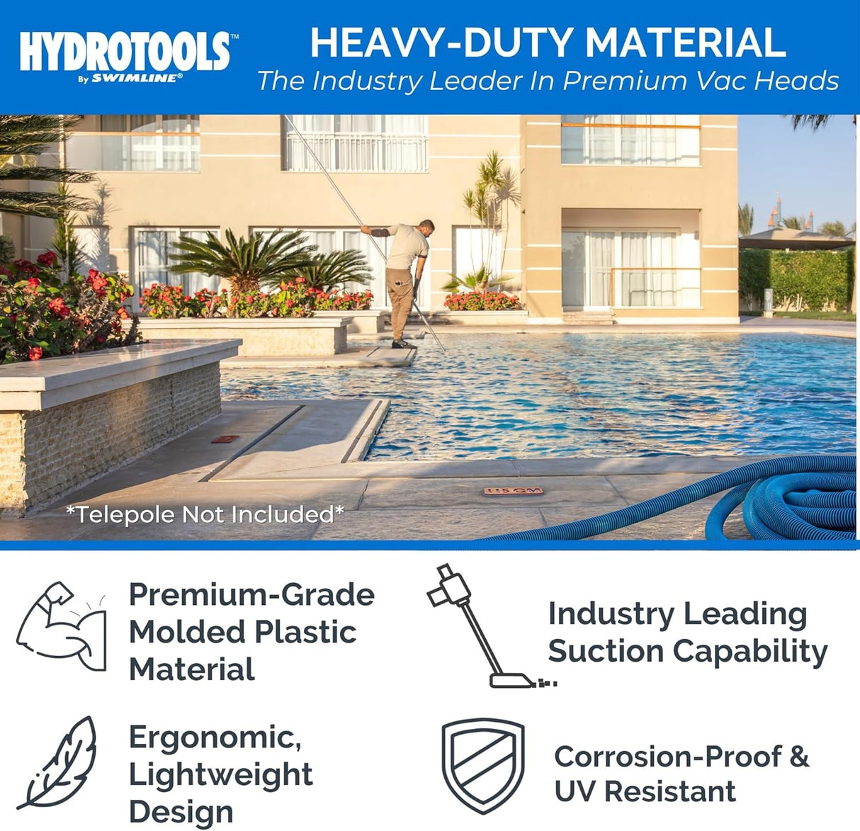This vacuum head was made with heavy-duty materials and is the industry leader in premium vac heads. It's been made with premium-grade molded plastic material and has an ergonomic, lightweight design. It has industry leading suction capability and is corrosion-proof and UV-resistant.