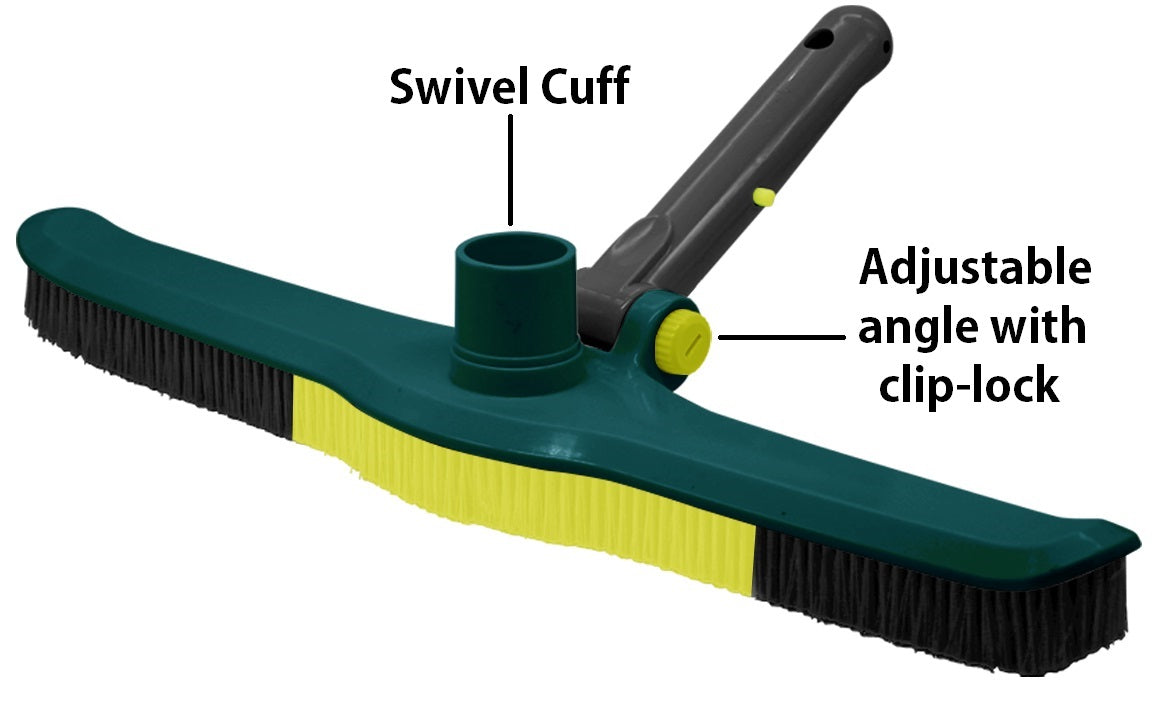 Pool vacuum brush. The handle is gray, the head is green and the bristles are black and yellow. This image points out where the swivel cuff and the adjustable angle with clip-lock is.