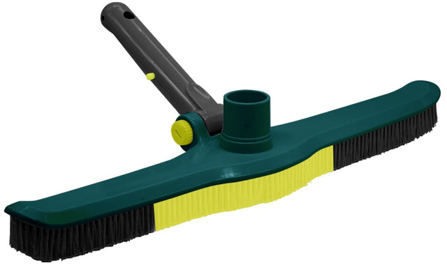 Pool vacuum brush. The handle is gray, the head is green and the bristles are black and yellow.