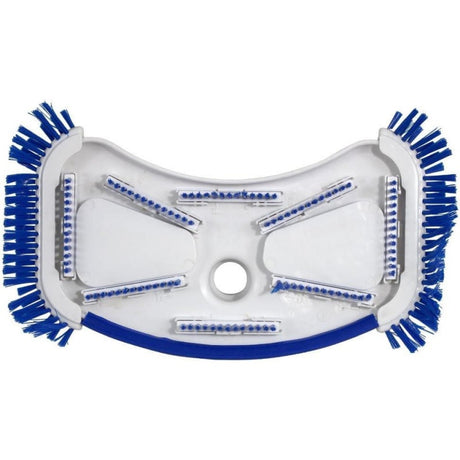 Weighted pool vacuum head with side bristles. The head is white, the protective bumper is blue and the bristles are blue. This image shows what the vacuum head looks like on the underside.