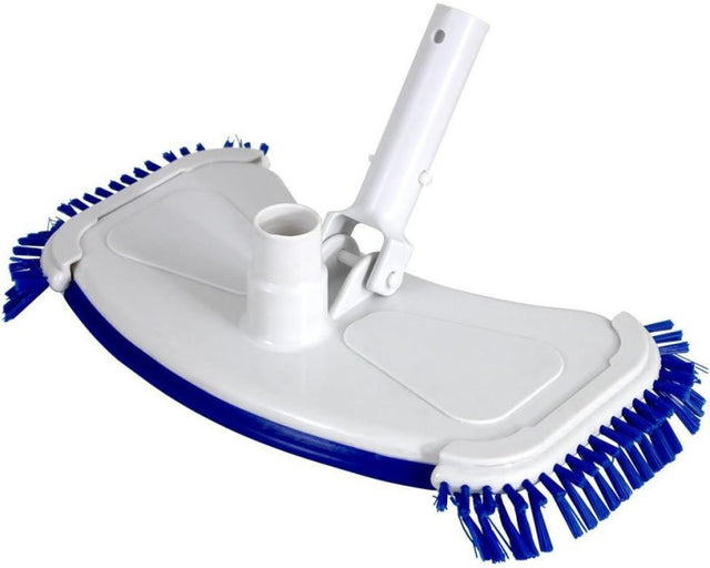 Weighted pool vacuum head with side bristles. The head is white, the protective bumper is blue and the bristles are blue.