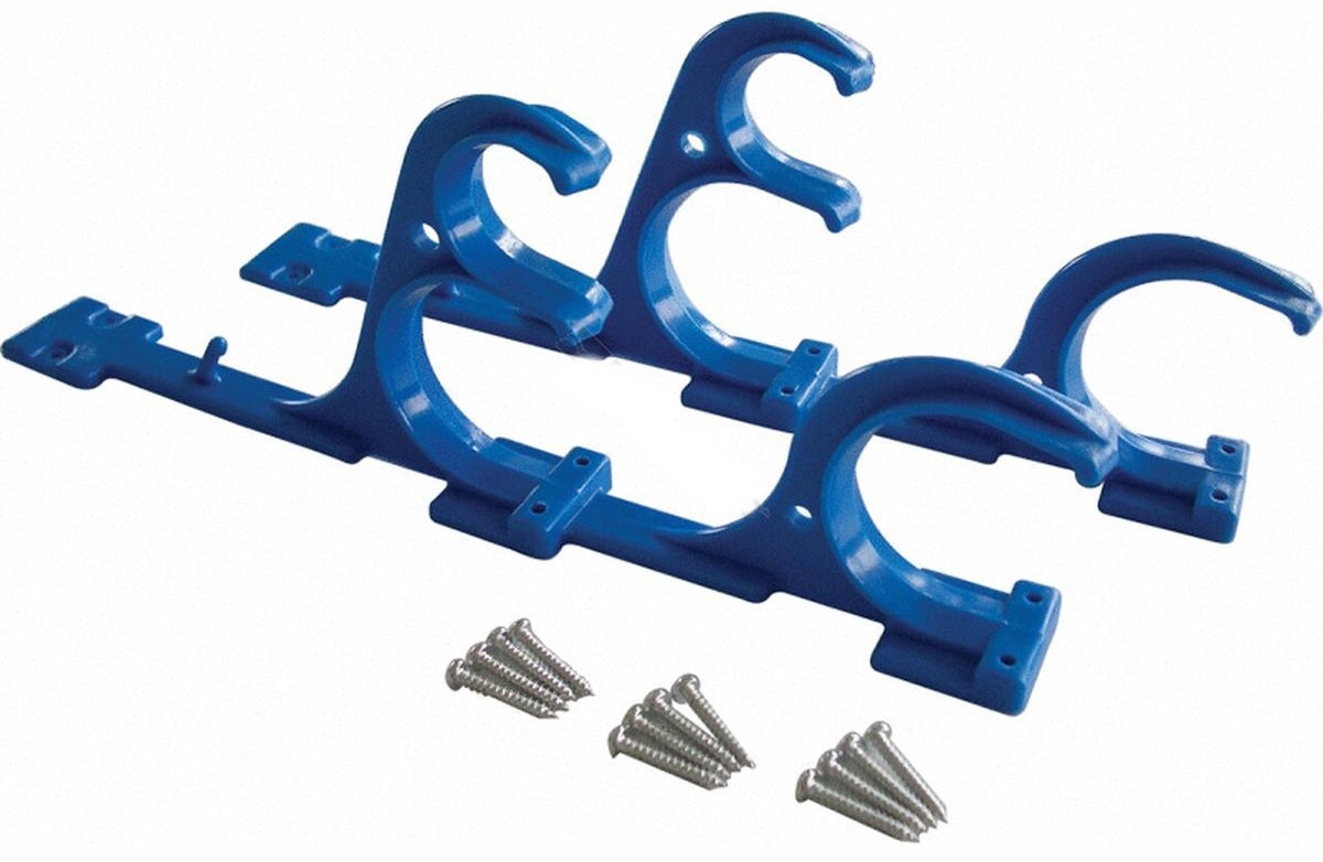 Hangers that get screwed into a fence to hold up your telescopic pool cleaning pole.