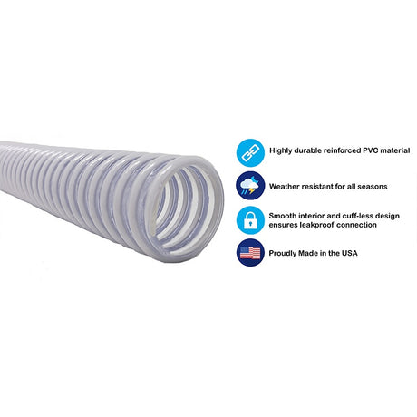 This image shows the hose on a white background. It reads "Highly durable reinforced PVC material. Weather resistant for all seasons. Smoother interior and cuff-less design ensures leakproof connection. Proudly made in the USA."