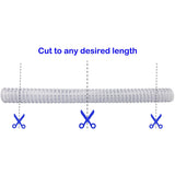 This image shows the hose on a white background with cartoon scissors at different sections. It reads "Cut to any desired length."