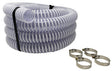 This image shows the hose and the four compatible worm gear clamps on a white background.