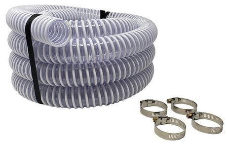 This image shows the hose and the four compatible worm gear clamps on a white background.