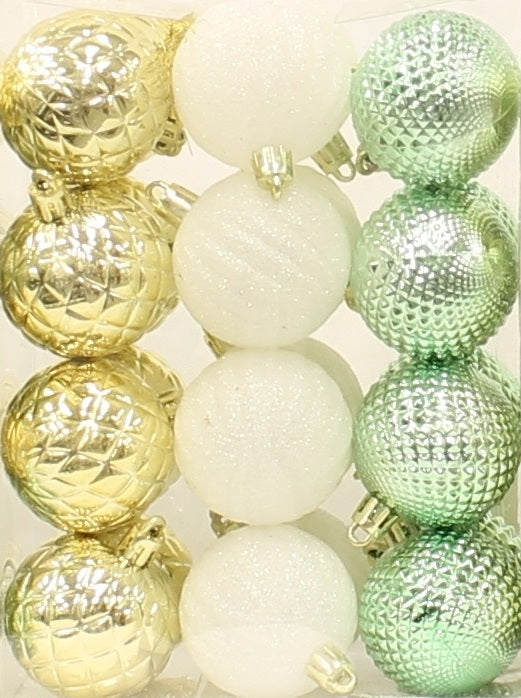 24-Pack of 50MM Christmas Ornaments (Light Green/Gold/White)