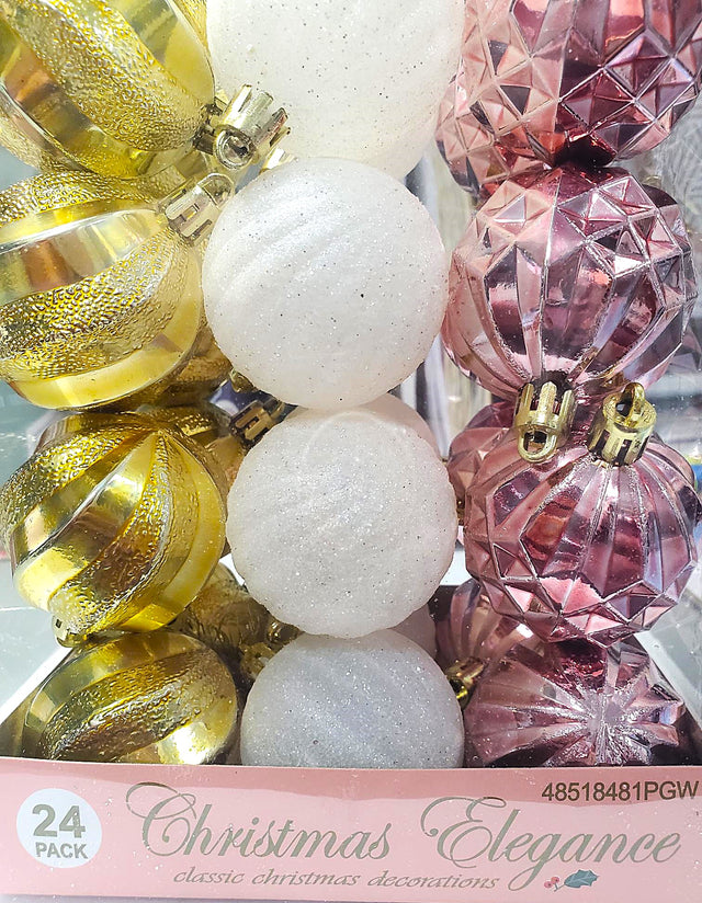 Set of 24 ornaments with different textures. 8 of the ornaments are a shiny gold color. 8 of the ornaments are a glittered white color. 8 of the ornaments are a shiny rose gold color.