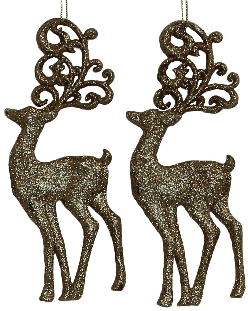 2-Pack of Shatterproof Glitter Reindeer Ornaments (Gold/Spruce)