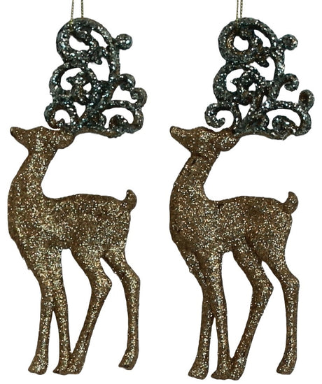 2-Pack of Shatterproof Glitter Reindeer Ornaments (Gold/Spruce)