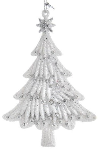 White glittered tree ornament with silver accents and a silver star on top.