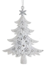 White glittered tree ornament with silver ornaments and a silver star on top.