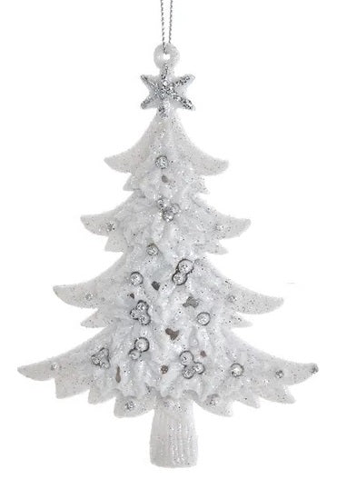 White glittered tree ornament with silver ornaments and a silver star on top.