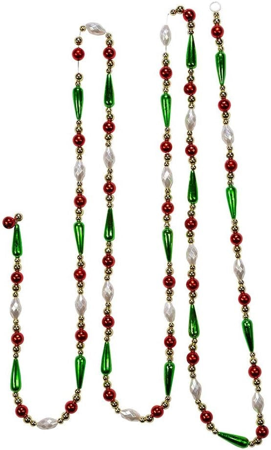 9' Gold, Red, Green and White Round Bead with Water Drop Beaded Garland