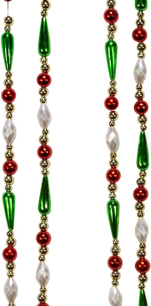 9' Gold, Red, Green and White Round Bead with Water Drop Beaded Garland