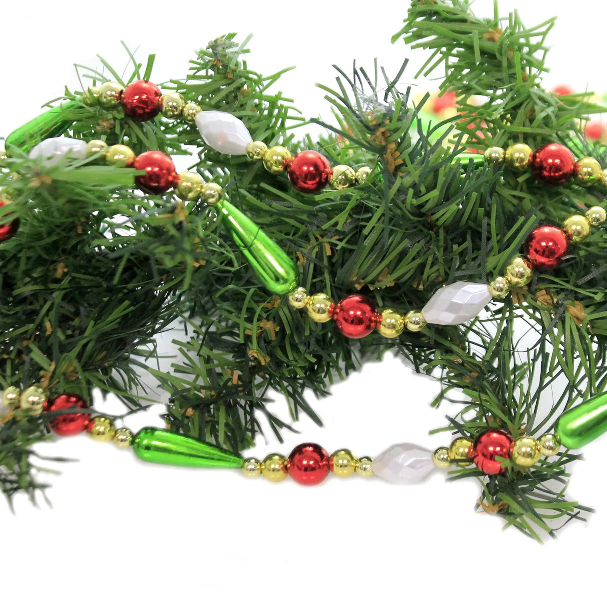 9' Gold, Red, Green and White Round Bead with Water Drop Beaded Garland