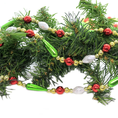 9' Gold, Red, Green and White Round Bead with Water Drop Beaded Garland