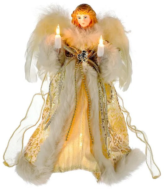 This is an elegant angel designed to sit on top of your Christmas tree. She has orange hair, large feather wings and an ivory and gold flowing gown. She's holding two lights.