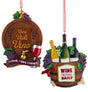 Wine-themed ornament. There are two options. One ornament features a barrel and reads "Veni Vidi Vino I cam I Saw I wined." One ornament features a bucket of wine bottles and reads "Wine Tasting Daily." Each ornament is decorated with grapes, wine glasses and wine bottles.