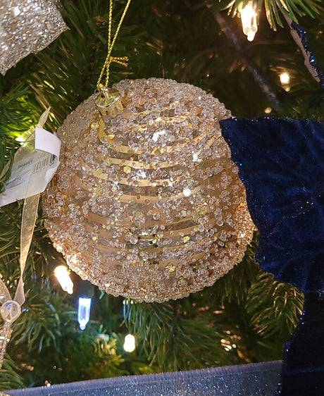 4" Clear Champagne Swirl Iced Ball Ornament