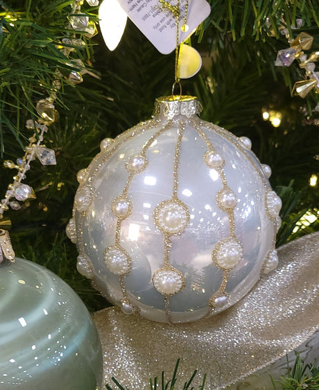4" Pearl Embellished White Glass Christmas Ornament