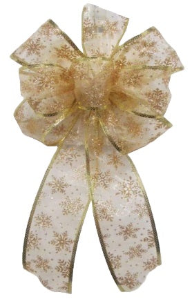 Gold Sheer Bow with Gold Glitter Snowflakes