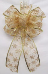 Gold Sheer Bow with Gold Glitter Snowflakes