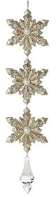 Snowflake drop ornaments. One is gold and the other is silver.