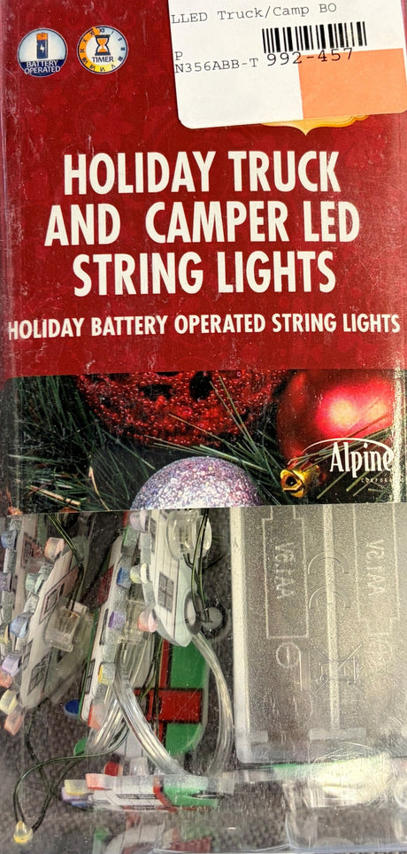 This image shows the packaging that these lights come in. It reads "Holiday Truck and Camper LED String Lights. Holiday bettery operated string lights."