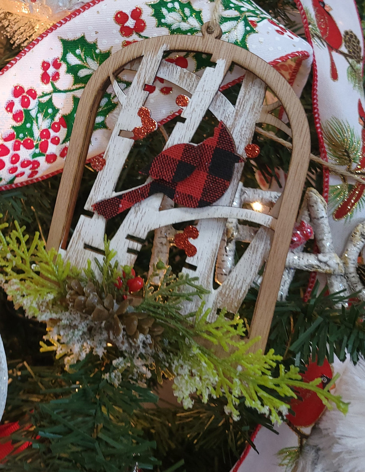 4.75" Wooden Cutout Tree Ornament with a Buffalo Check Cardinal