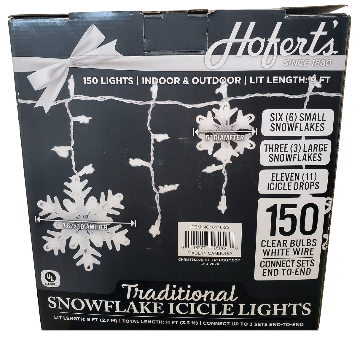 This image shows the back of the box that these lights come in. The box reads "Hofert's since 1880. 150 lights. Indoor & outdoor use. Lit length is 9 ft. Features six small snowflakes, three large snowflakes and eleven icicle drops. 150 clear bulbs on a white wire. Connect sets end-to-end. Traditional snowflake icicle lights." It also shows that the large snowflakes measure 7.875 inches in diameter and the small snowflakes measure 5 inches in diameter.